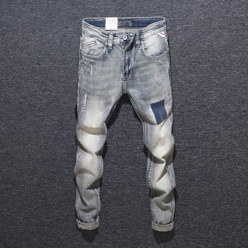 

Fashion Streetwear Men Jeans Retro Blue Slim Fit Elastic Ripped Jeans Men Denim Pencil Italian Vintage Designer Homme