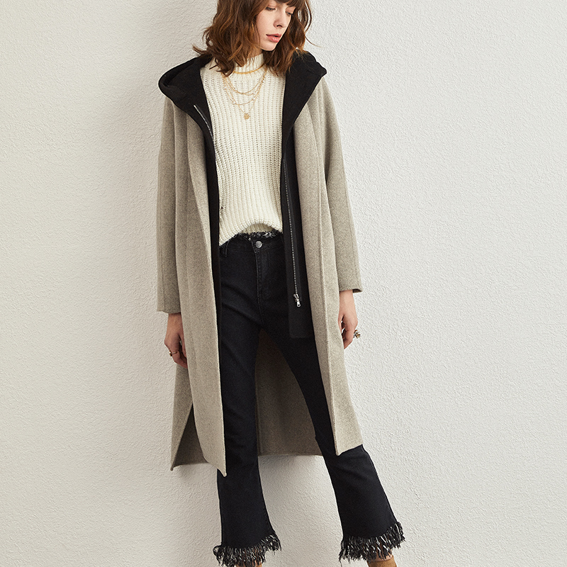 

Brand jacket women wool coat with hooded double cashmere coat 2020 autumn winter spring female long loose woolen overcoat black, See chart