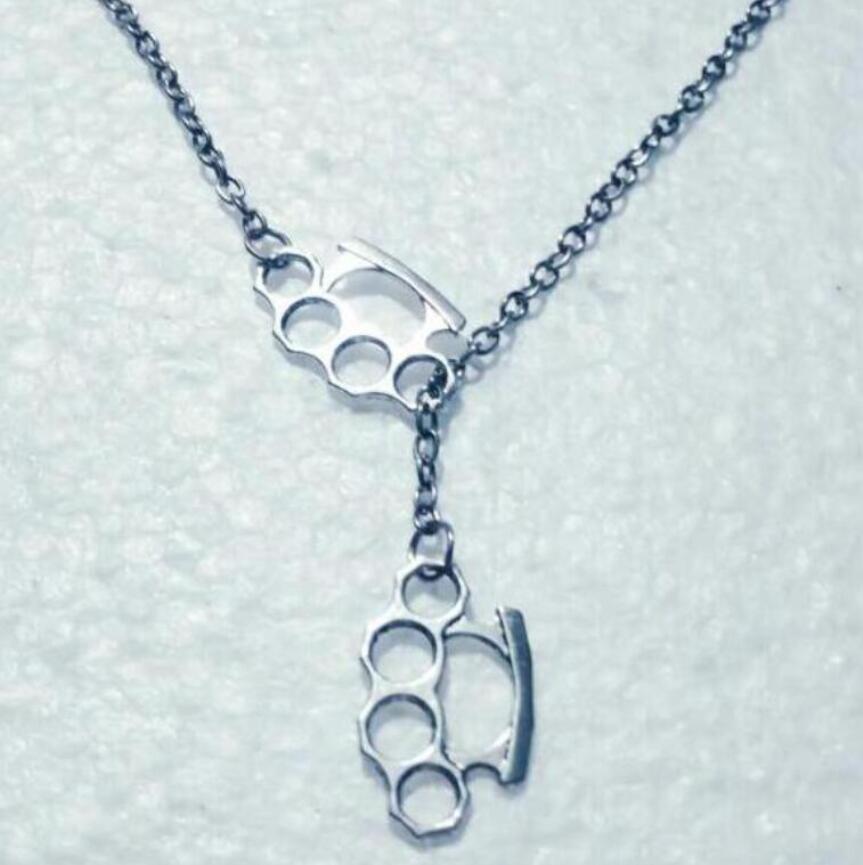 

Fashion Vintage Silver Double Brass Knuckle Dusters Pendant Adjustable Cross Lariat Necklace For Women Men Goth Jewelry 873