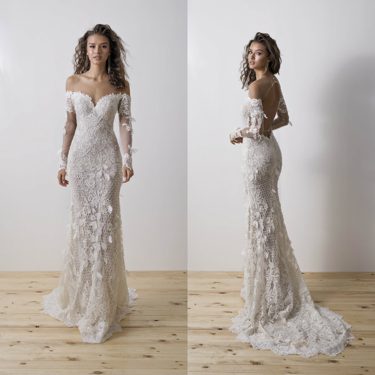 

2020 Mermaid Wedding Dresses Illusion Neck Appliqued Long Sleeves Beach Bridal Gown Open Back Ruffle Sweep Train Vestidos De Novia, Coral