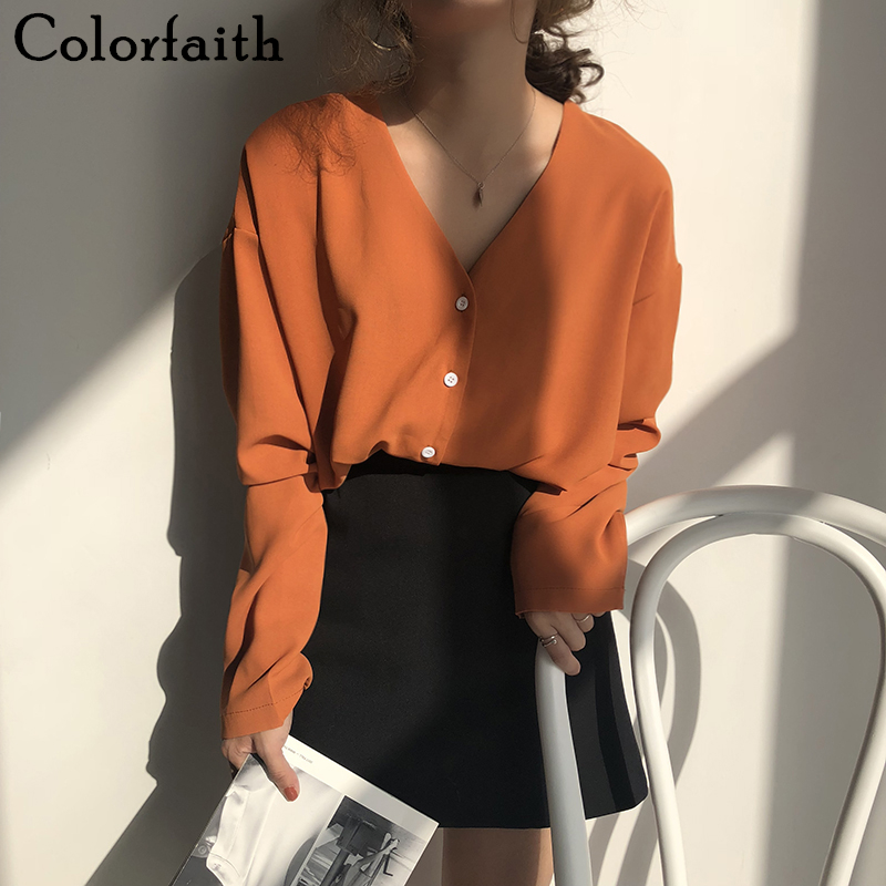 

Colorfaith New 2020 Spring Summer Women's Blouse V-Neck Single-breasted Solid Elegant Casual Ladies Wild Long Sleeve Tops BL8268, Black