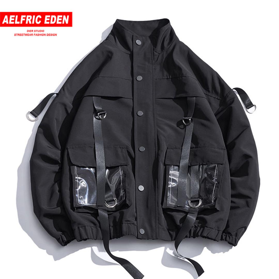 

Aelfric Eden Hip Hop Solid Pockets Ribbons Mens Cargo Jackets 2019 Autumn Harajuku Tops Fashion Streetwear Casual Cotton Coats, Black