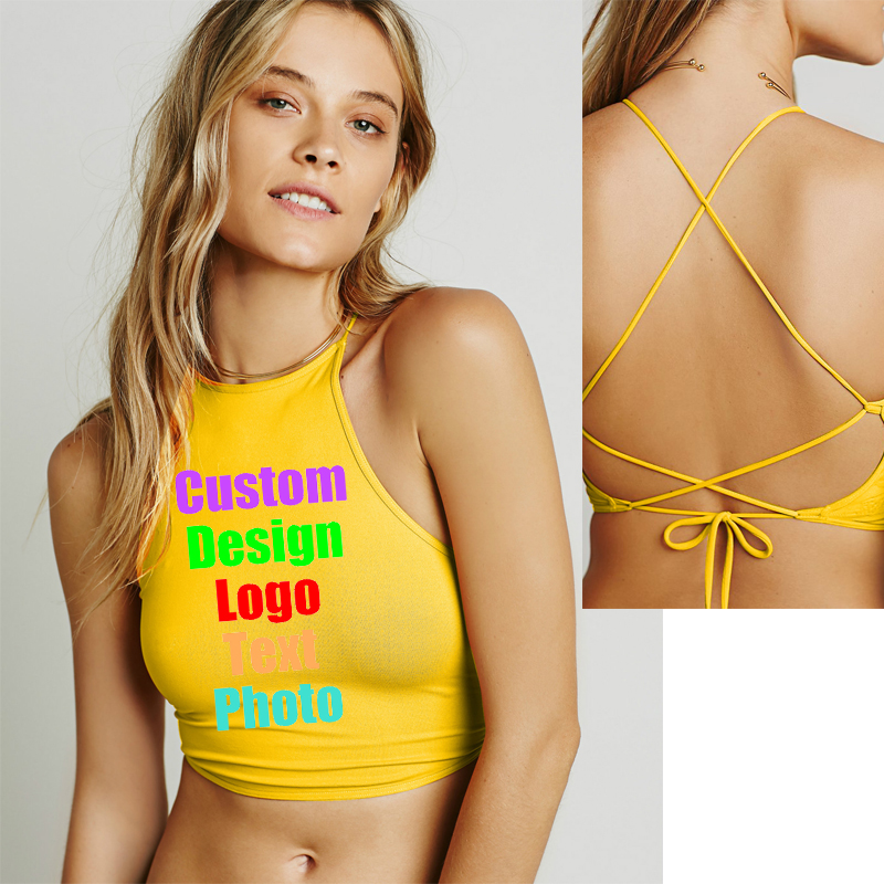 

Sexy Night Club Beachwear Bathing Tops Women Crossing Backless Bandage crops Custom Photo Text Printed Female Tees Shirts, Blue