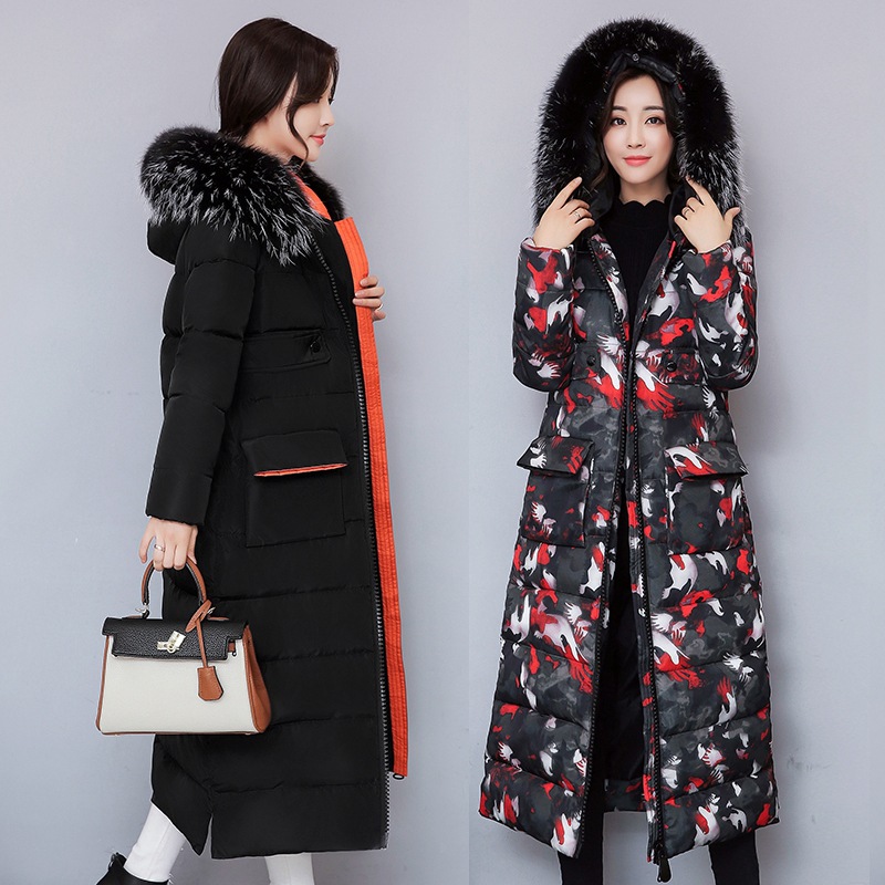 

Women's Winter Down Jacket cotton clothes long over-the-knee Parkas loose casual thickened camouflage down-cotton coat plus size slim-fit large fur collar Padded, Black