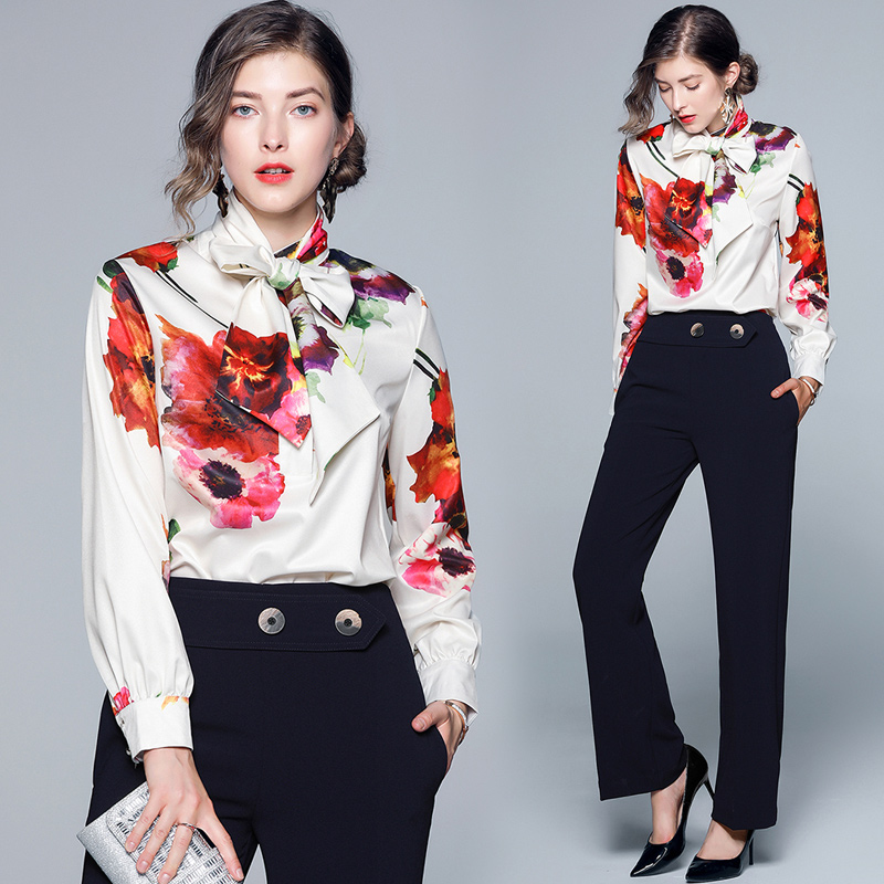 

High Quality Scarf Bow Tie Neck Printed Shirts Spring Fall Runway Women's Long Sleeve Blouses Office Lady Business Elegant Slim Shirt Tops, Customize