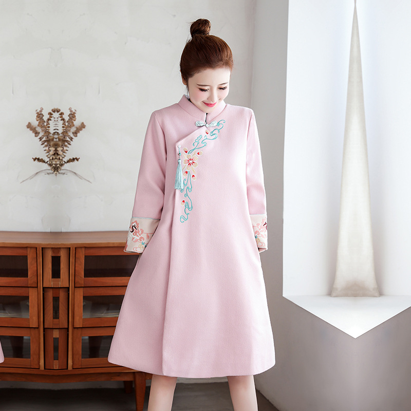 

2019 Winter New Style Chinese-style Large Size Dress plus Thick Cotton Embroidered Stand Collar Woolen Jacket Chinese Clothing C