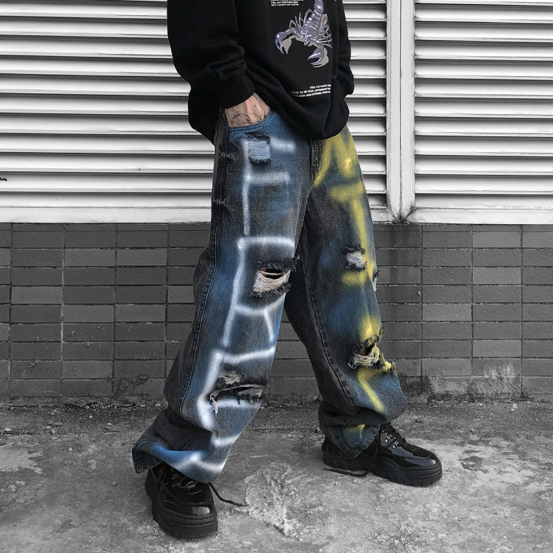 

New Male Streetwear Hip Hop Loose Denim Pant Men Paint Graffiti Holes Straight Jeans Trousers, Black