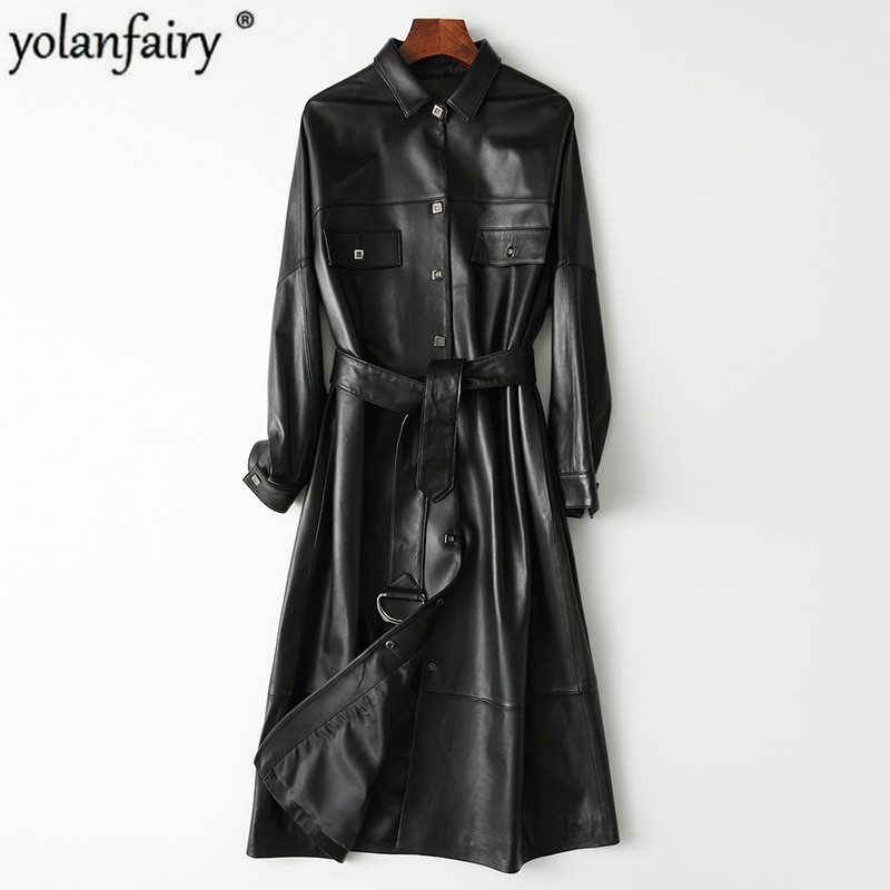 

Genuine Leather Jacket Women Clothes Long 100% Sheepskin Coat Spring Autumn Leather Coats Chaqueta Cuero Mujer 2020 KJ4130, Blak
