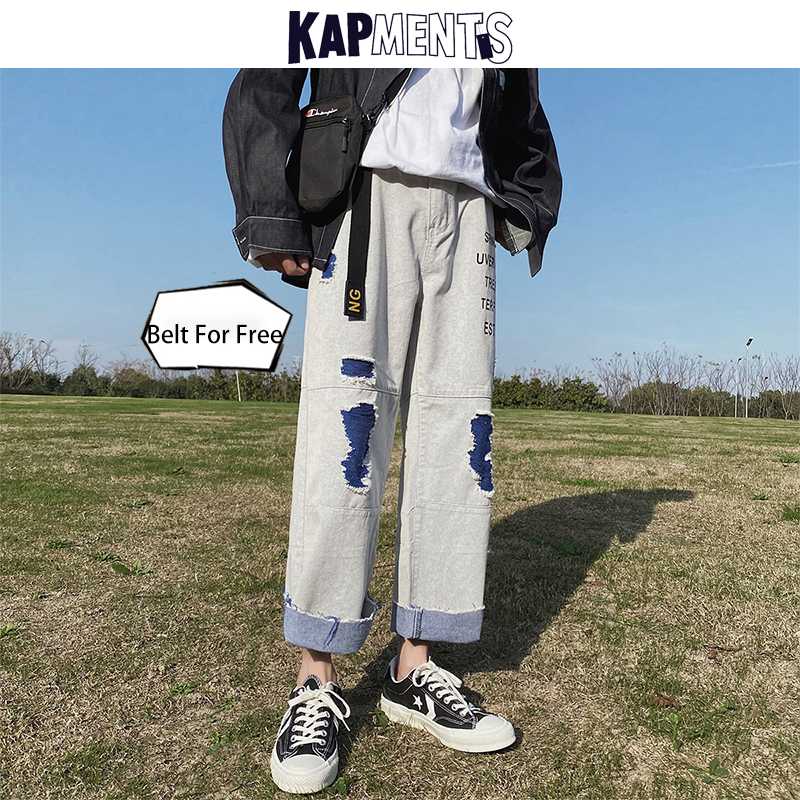 

KAPMENTS Men Korean Fashions Ripped Jeans Free Belt 2020 Mens Patchwork Blue Baggy Jeans Male Distressed Joggers, Blue(free belt)