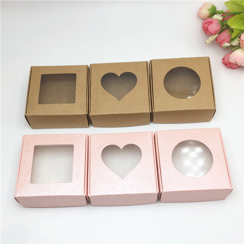 

Wholesale 50pcs Kraft Paper Box Transparent PVC Window Soap Boxes Jewelry Gift Packaging Box Wedding Favors Candy