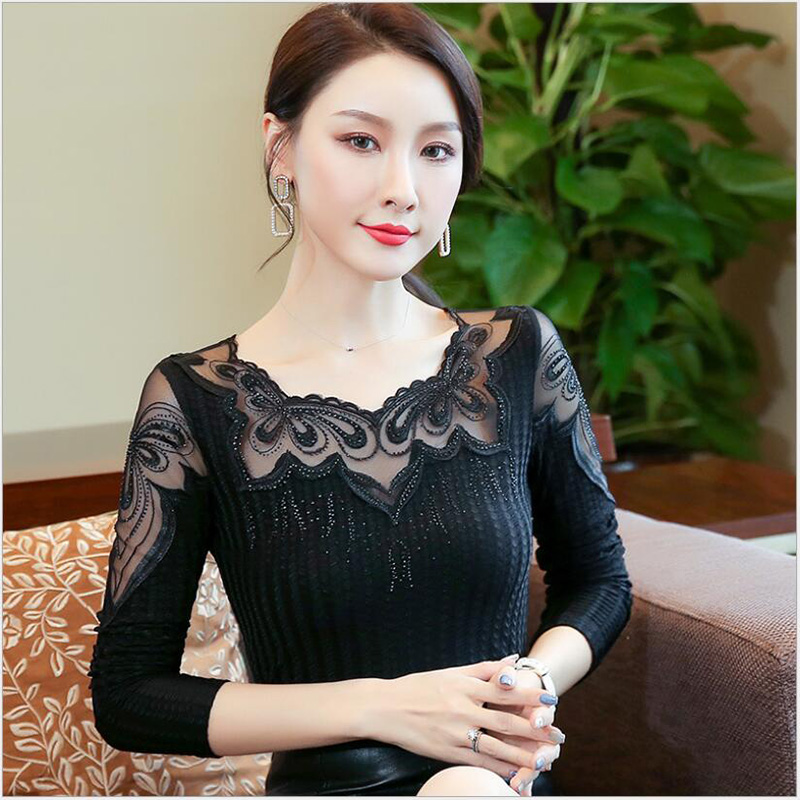 

Women blouse shirt New 2020 Spring long sleeve mesh shirt Elegant Slim Diamond lace Tops plus size black blouse
