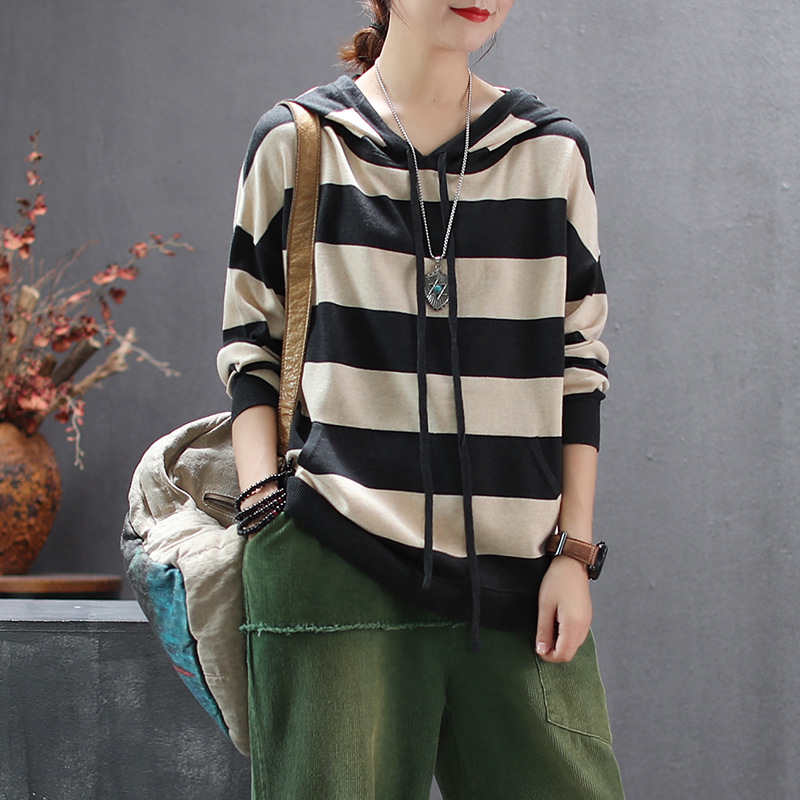 

Autumn Sweater Retro Women Large Size Knitting Pullovers 2019 New Hooded Tops Drawstring Striped Casual All-match Sweater Tops, Beige