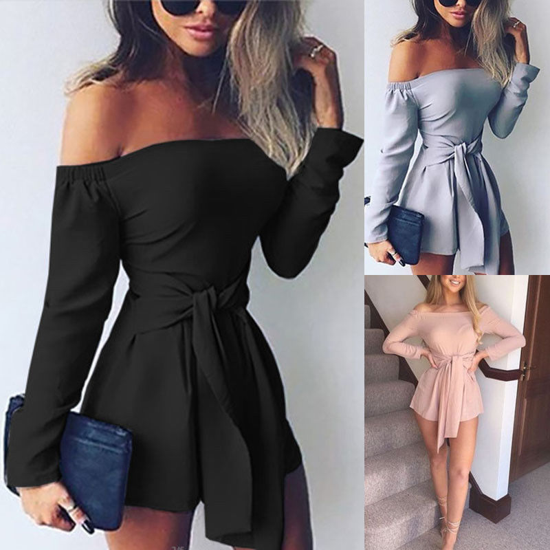 

Women Ladies Clubwear Summer Playsuit Bodycon Party Off Shoulder Long Sleeve Jumpsuit Romper Trousers, Black