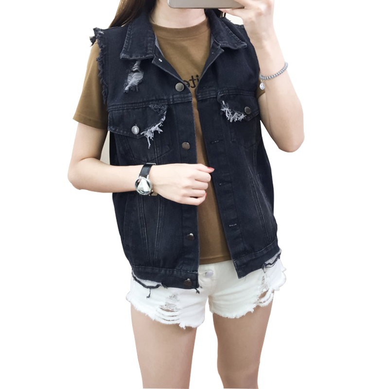 

Summer Sleeveless Jeans Vest Female Cardigan 2019 Korean Loose Black Denim Jacket For Women Tassel Hole Vintage Casual Vestidos