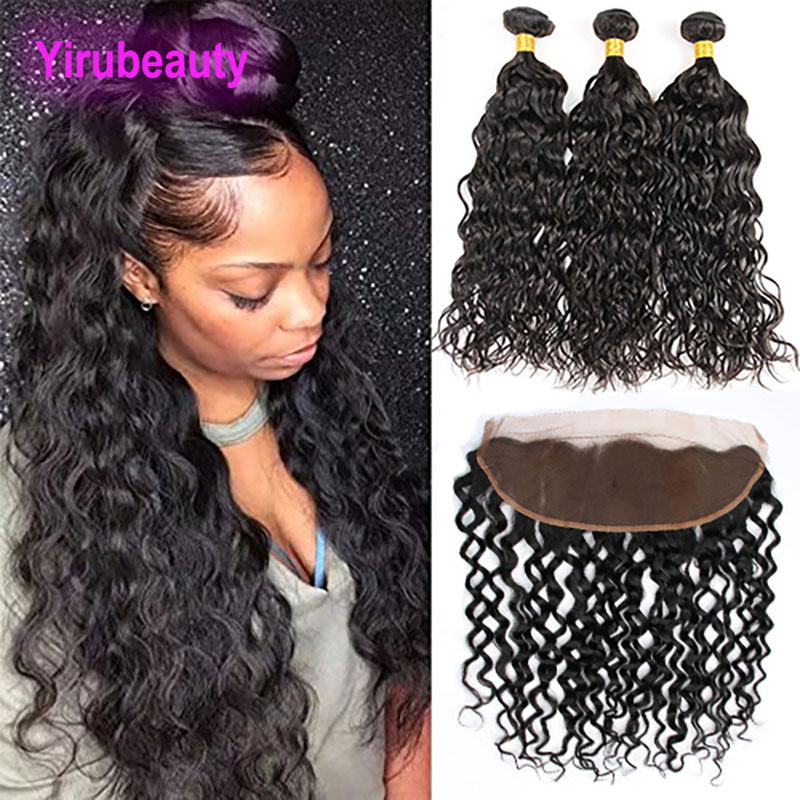 

Peruvian Human Hair Water Wave 3 Bundles With Lace Frontal 13X4 Ear To Ear Frontal With Bundles 4 Pieces/lot Human Hair Wefts Closures, Natural color