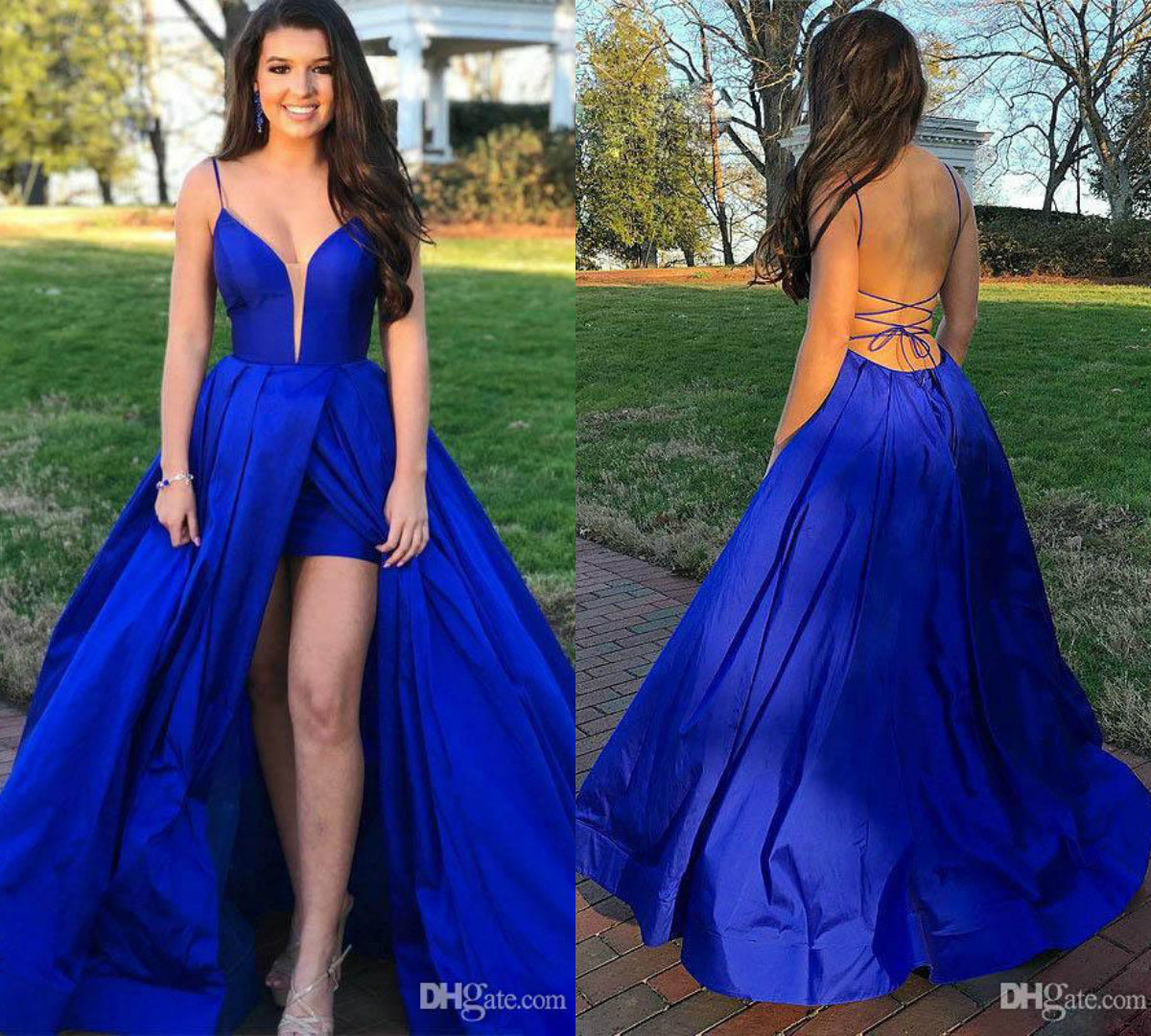 

Royal Blue Prom Dresses 2019 Spaghetti A Line Sexy Side Split Satin Backless Cheap Evening Gowns Custom Sweep Train Party Dress, Hunter green