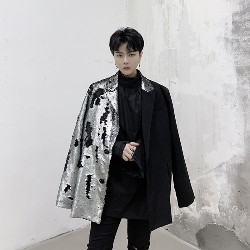 

EWQ / Silver Paillette Irregular Patchwork Blazers For Men And Women Clothing Loose Asymmetry Suit Loose Coat For Male 19H-a248, Graphcoloring