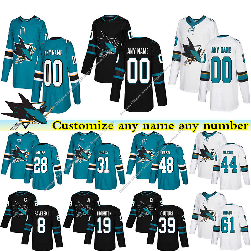 

San Jose Sharks jerseys 39 COUTURE 31 JONES 28 MEIER 48 HERTL 19 THORNTON 44 VLASIC custom any number any name hockey jersey, White