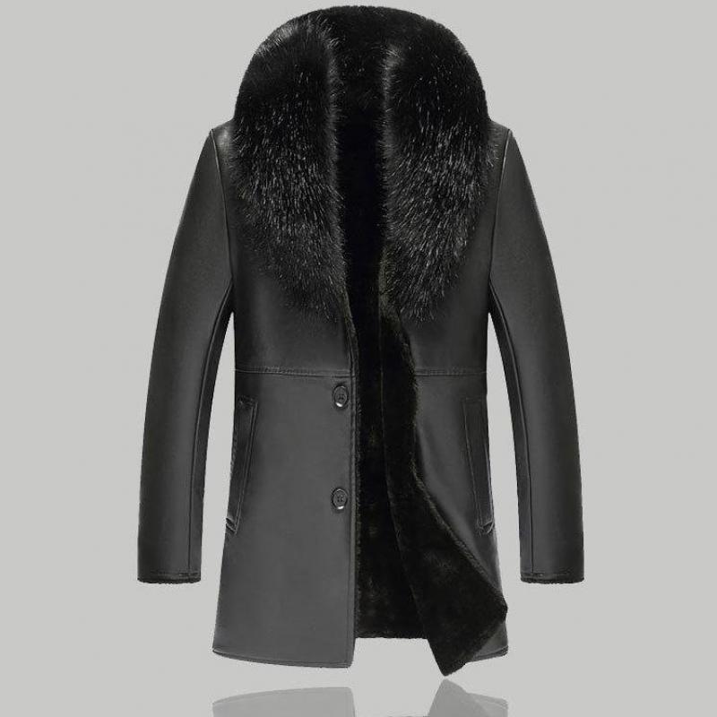 

Men fashion large fur collar winter warm leather jacket 2018 Slim long single-breasted Slim Coats motorcycle leather jackets, Black
