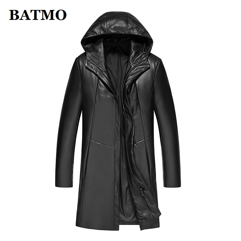 

BATMO 2019 new arrival winter high quality sheepskin white duck down hooed jackets men,men's warm real leather coat,plus-size, Black
