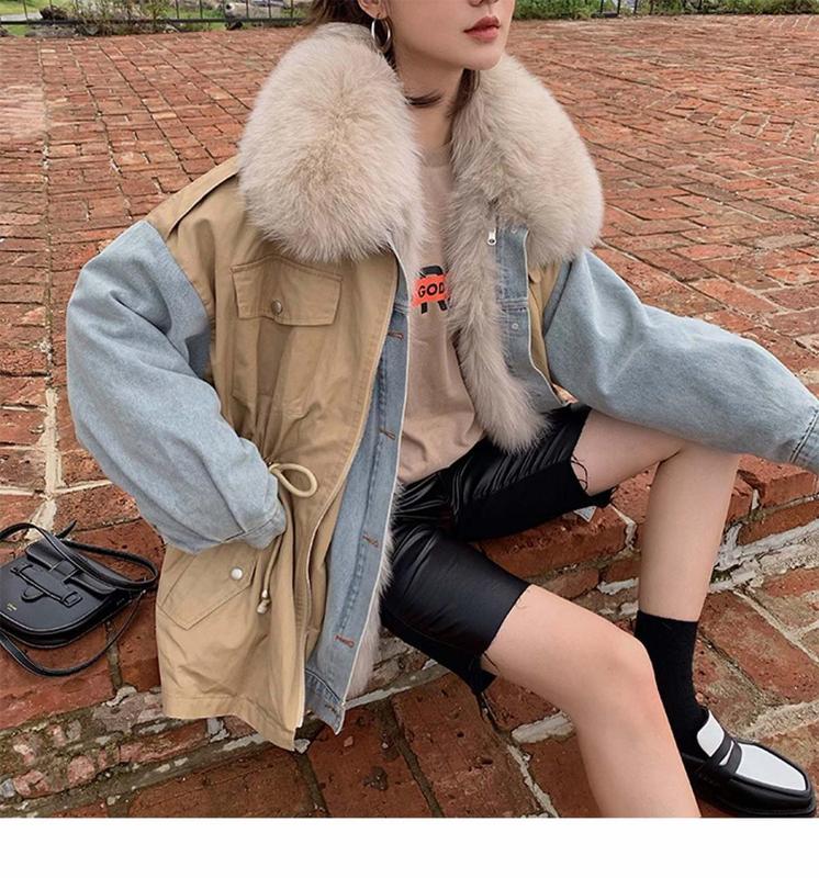 

Tina detachable fur collar remoeable blue fur facing coat cow and woolen jacket