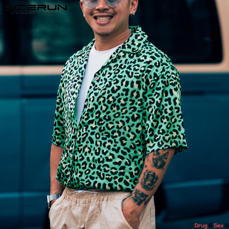 

Men Summer Printed Shirts Casual Short Sleeve Lapel Shirt Korean Harajuku Style Blouse Fashion Hawaiian Vacation Tops Plus Size, Green