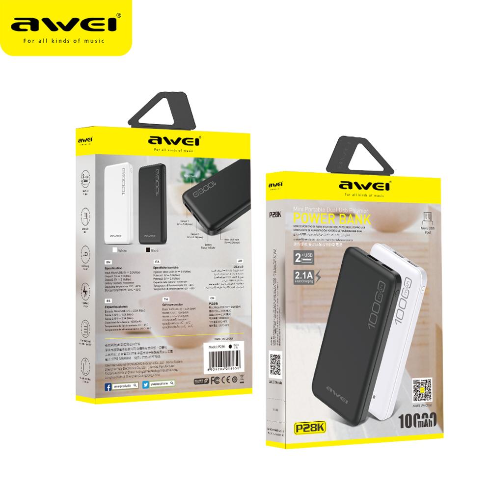 

Awei P28K Power Bank 10000mAh Fast Charging Poverbank Portable Charger Dual USB 2.1A Batterie Externe for Xiaomi Samsung Huawei