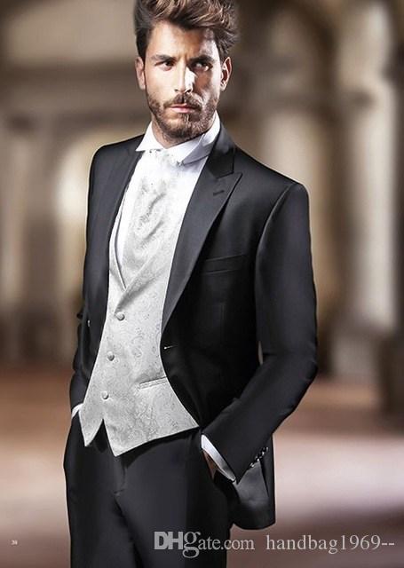 Latest Design One Button Black Groom Tuxedos Peak Lapel Groomsmen Dress Mens Wedding Clothes Suits (Jacket+Pants+Vest+Tie) D:297