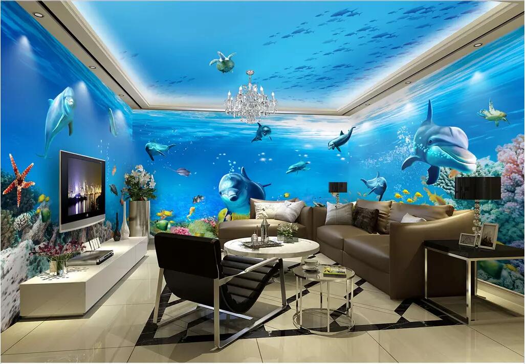 

3d wallpaer custom photo Sea world dolphin fish full house background wall living room home decor 3d wall murals wallpaper for walls 3 d, M2