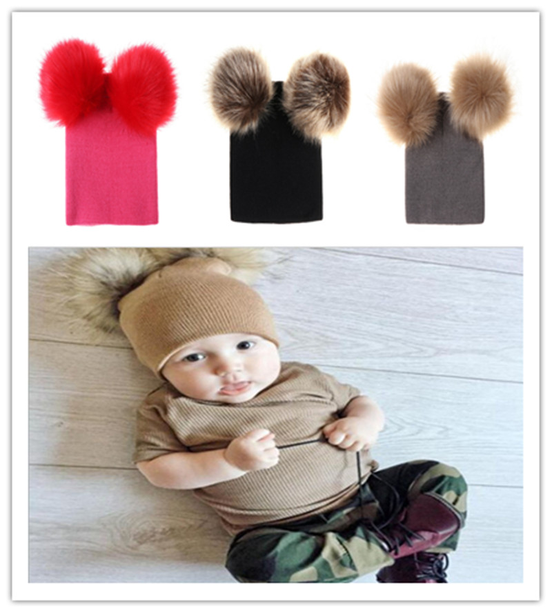 Sombreros de beb/é,Sombreros de Punto de Lana y un Bonito Pomp/ón de Piel de Mapache,Gorro de Invierno Unisex Caqui