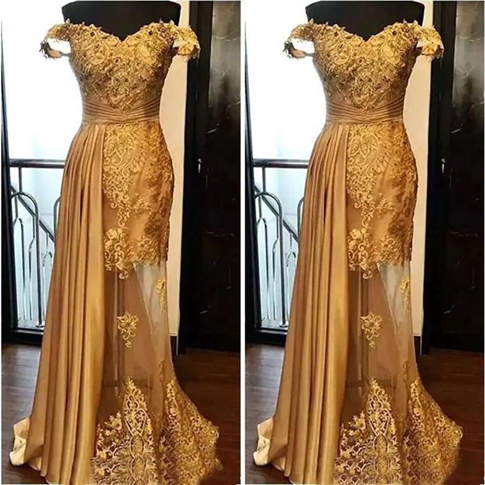 Livraison gratuite longues robes de bal or hors de l'épaule dentelle appliques voir à travers les plis en mousseline de soie robes de soirée