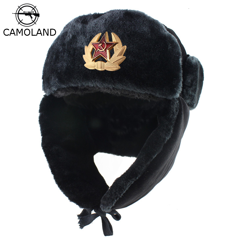 Arm/ée Sovi/étique Insigne Militaire Russie Ushanka Bomber Chapeaux Pilote Trappeur Troupe Chapeau Hiver Faux Lapin/ / / Earflap Hommes Casquettes De Neige