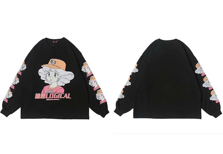Men Hip Hop Anime Cartoon Girl Print T-shirt Harajuku Streetwear T-shirt Long Sleeve Oversize T-shirt Cotton Top Tees