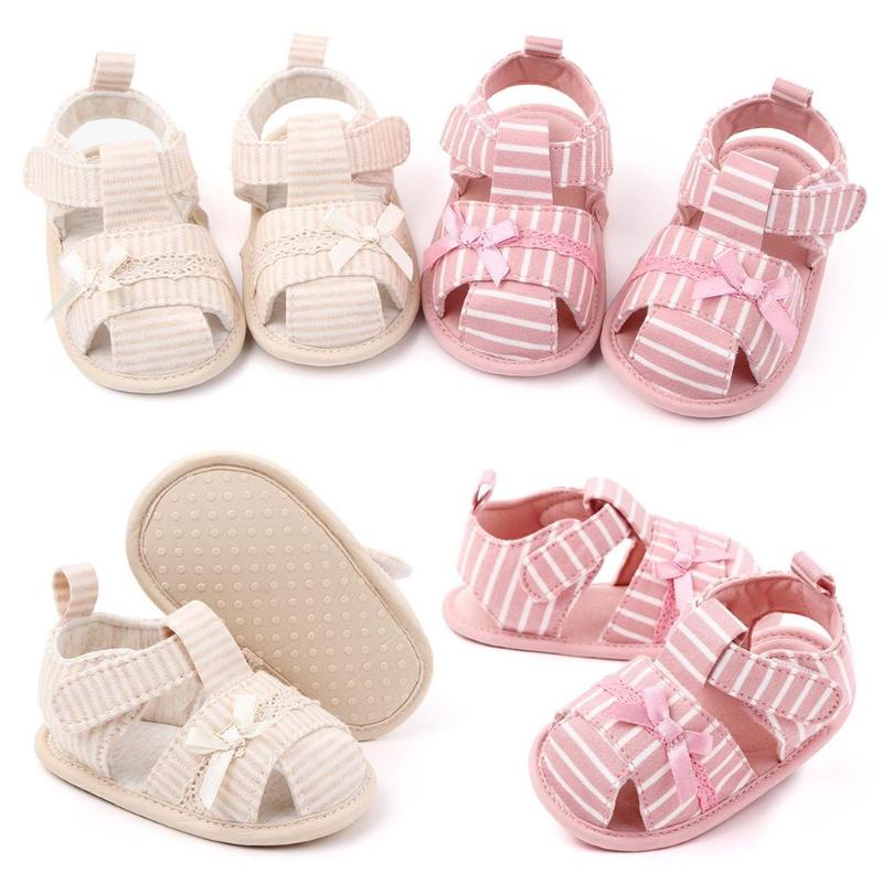 

Stripe Bowknot Summer Soft Sole Sandals Baby Girls Toddler Prewalker Flat Shoes, Beige 6m
