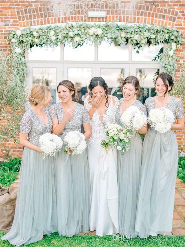 

2019 Elegant V Neck Sequins Bridesmaid Dresses Short Sleeves Tulle A Line Floor Length Maid Of Honor Wedding Guest Gowns Custom Made 175
