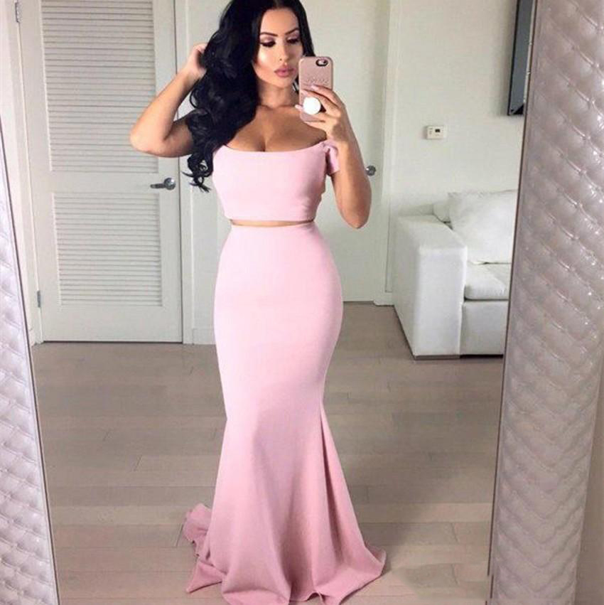 

Pink Mermaid Prom Dresses Satin Short Sleeve Formal Prom Gowns Robe De Bal Party Evening Dresses