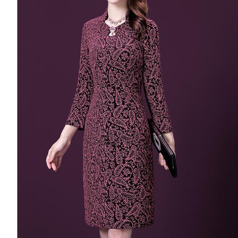 

High Quaitly elegant Loose Midi Dress Spring New Arrival loaded rhinestone long sleeve noble temperament A-Line dress, Burgundy