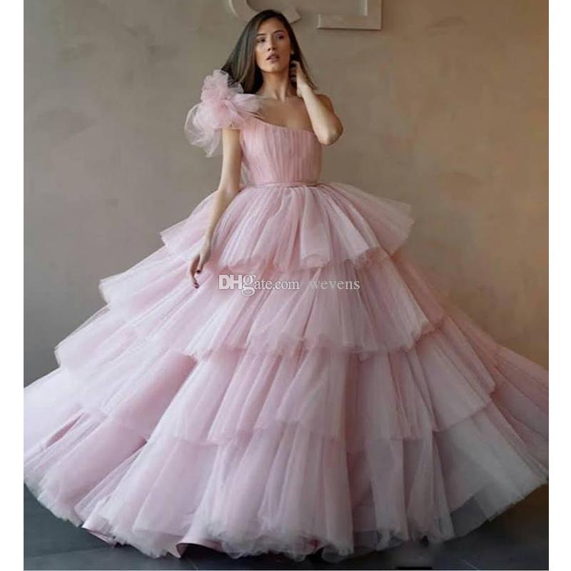 

Lovely Quinceanera Dresses Pink One Shoulder Puffy Prom Dresses Cupcake Tiered Ruffles Bottom Party Gown Floor Length Tulle Sweet 16 Dress, Olive