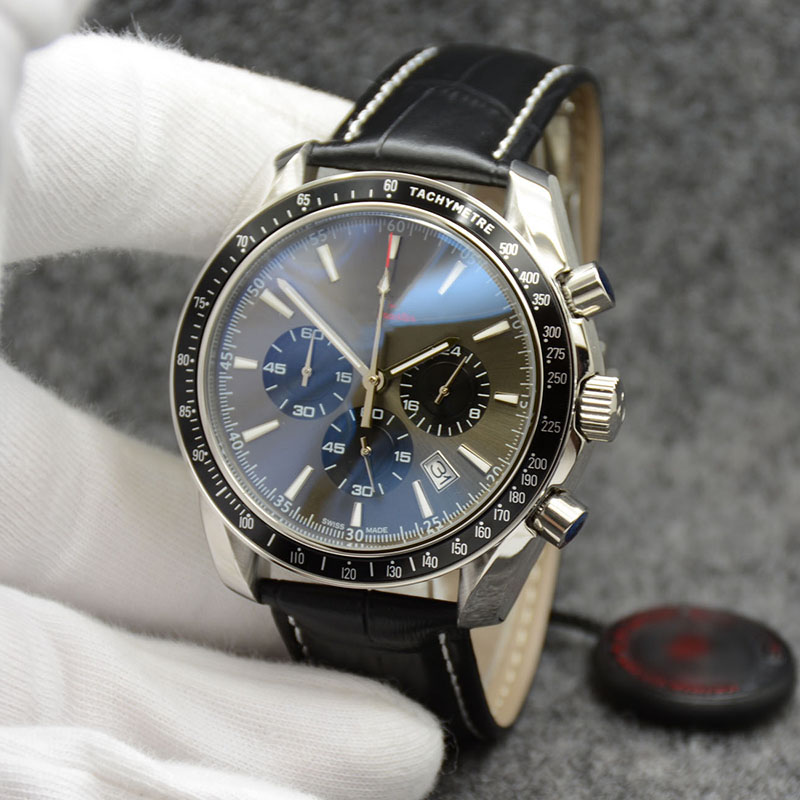 

44MM Quartz Chronograph Date Mens Watches Grey Dial Black Leather Band Fixed Bezel With A Top Ring Showing Tachymeter Markings, 11