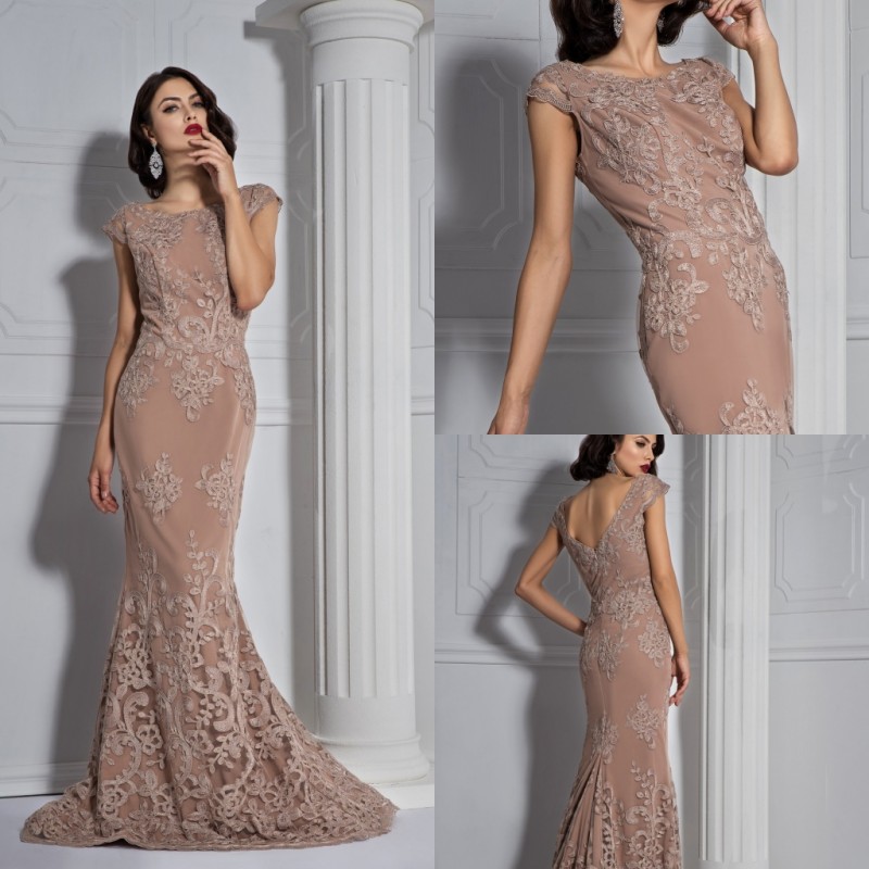 

2020 Mermaid Evening Dresses Jewel Capped Short Sleeve Appliques Satin Prom Dress Sweep Train Formal Dresses, Hunter