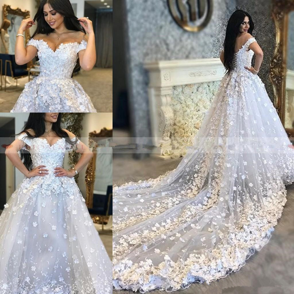 

Luxury 2020 Wedding Dresses 3D-Floral Appliques Off Shoulder Bridal Gowns Lace Up Back Vestido De Noiva White Wedding Gowns gelinlik, Ivory
