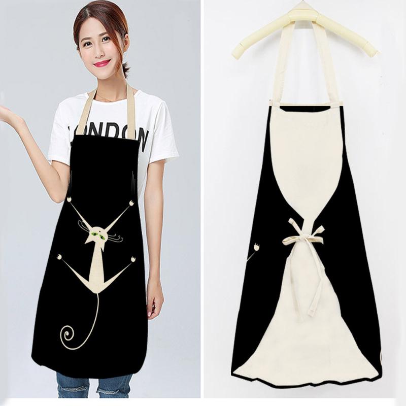 

New 1Pcs 68x55cm Cat Printing Kitchen Aprons Unisex Dinner Party Cooking Waist Bib Cotton Linen Funny Pinafore Cleaning Tools