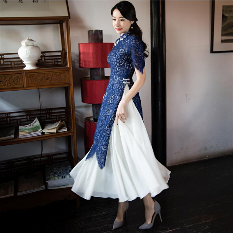 

Ethnic Clothing 2021 Luxury Lace Ao Dai Dresses Women Clothes Sexy Vietnam Traditional Cheongsam Suit Two-piece Modified Qipao Dress Plus Si