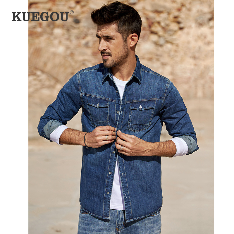 

KUEGOU 2020 Spring Cotton Blue Denim Shirt Men Dress Button Casual Slim Fit Long Sleeve For Male Brand Clothes Plus Size 6212