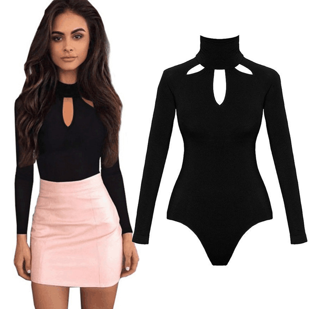 

Sexy Halter Turtleneck Bodysuit Women Tops Choker Hollow Out Skinny Playsuit Black Romper Ladies Long Sleeve Body Suit Femme