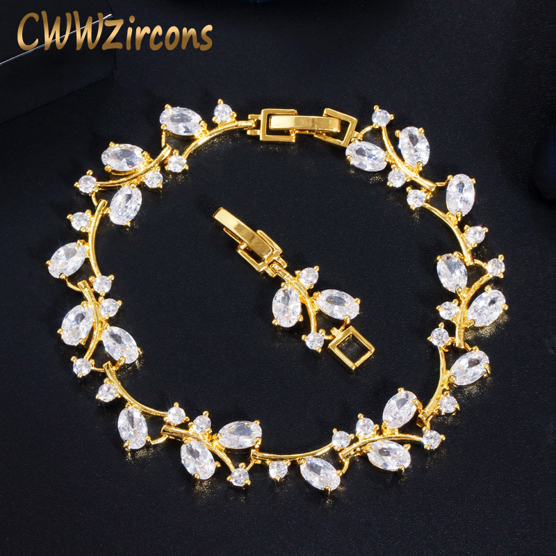

CWWZircons Elegant Leaf Branch Yellow Gold Color Sparkling Cubic Zircon Bracelet Fashion Female Wedding Jewelry Gift CB220