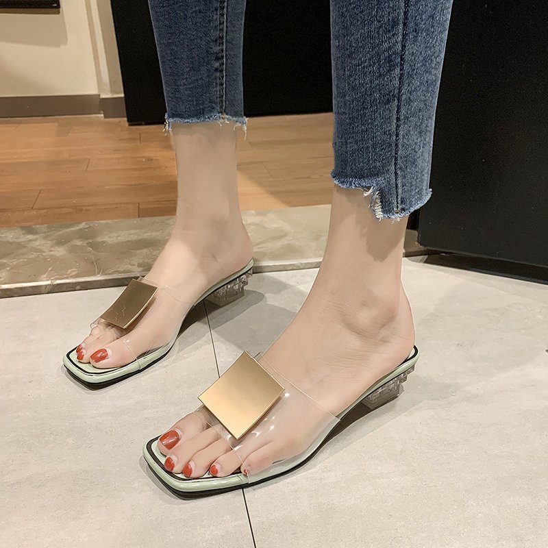 

Square Heel Slippers Women Pumps Sexy Open Toe Square Heel Slippers Woman Shoes Sheet Metal Transparent Ladies Shoes, Yellow 2