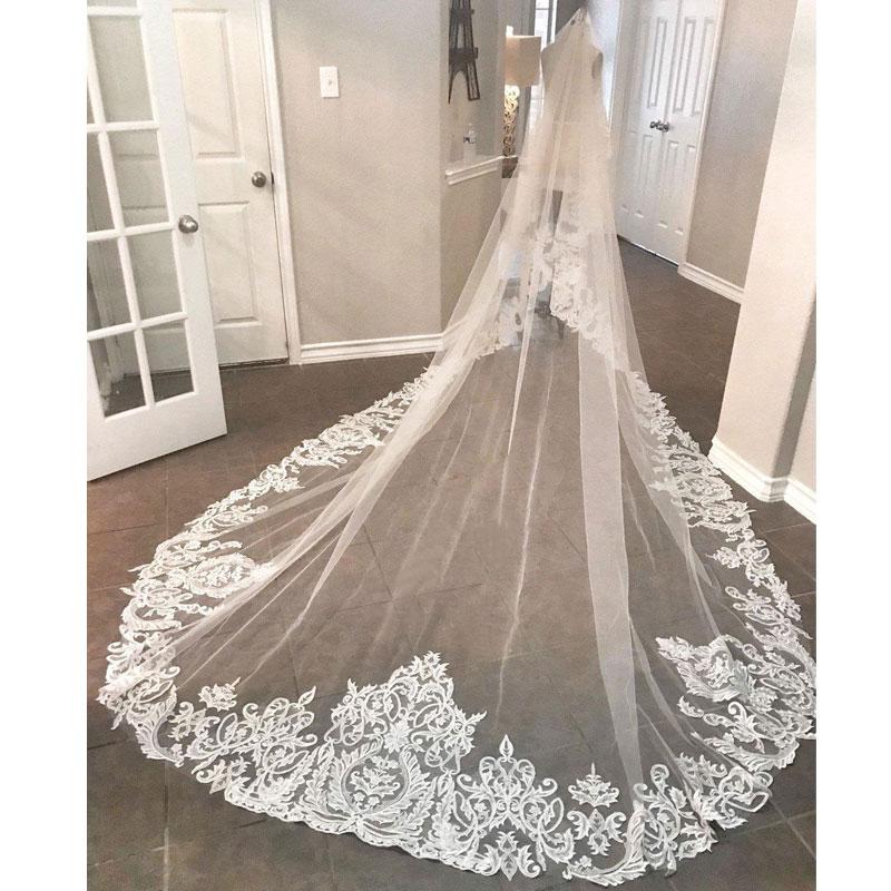 

Elegant 2019 New Wedding Veils 3 Meters Long Cathedral Length Lace Appliqued Real Image Tulle Bridal Veil With Comb, Ivory