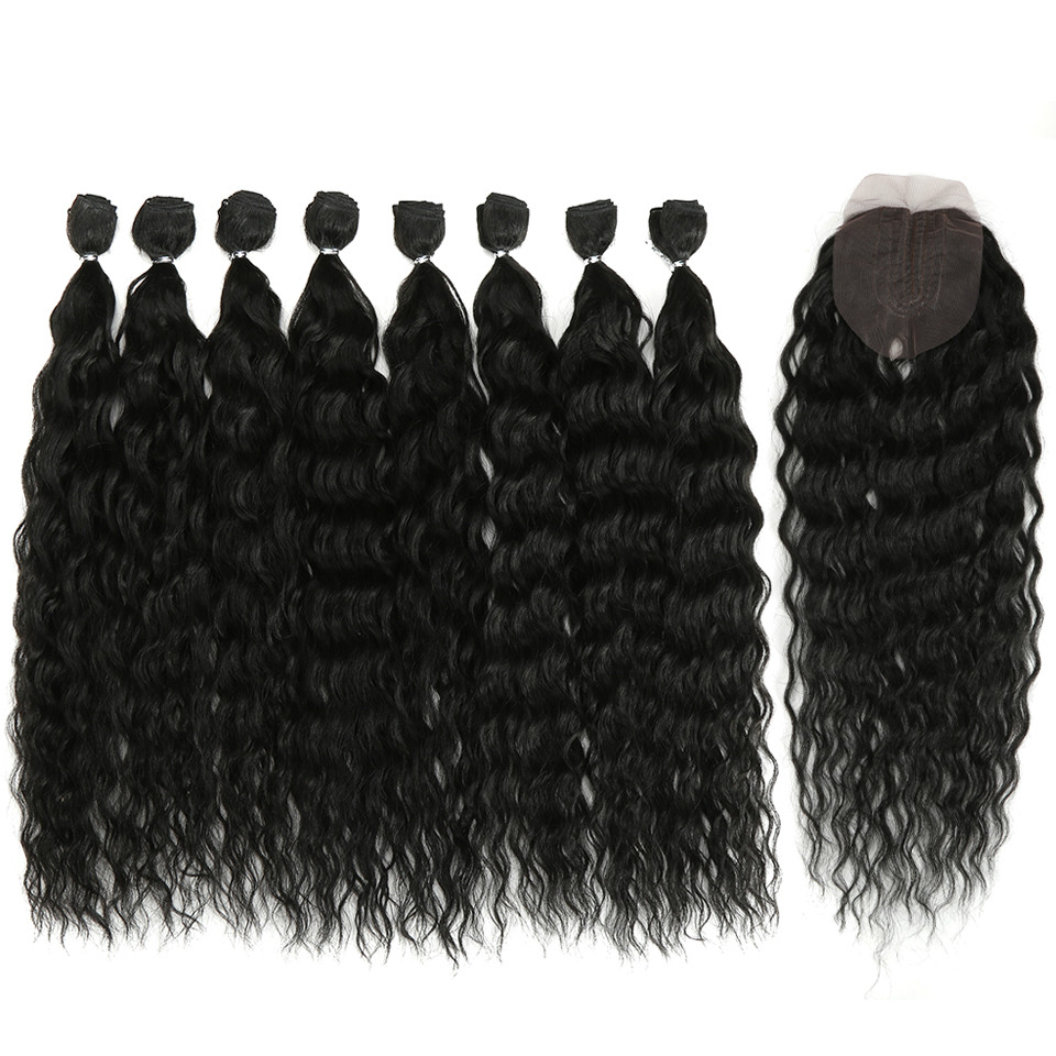 

Hot Sale Water Wave Hair Bundles With Closure Synthetic Hair Ombre Blonde Silver Grey Hair 9Pcs/Pack 20inch Fiber, Black