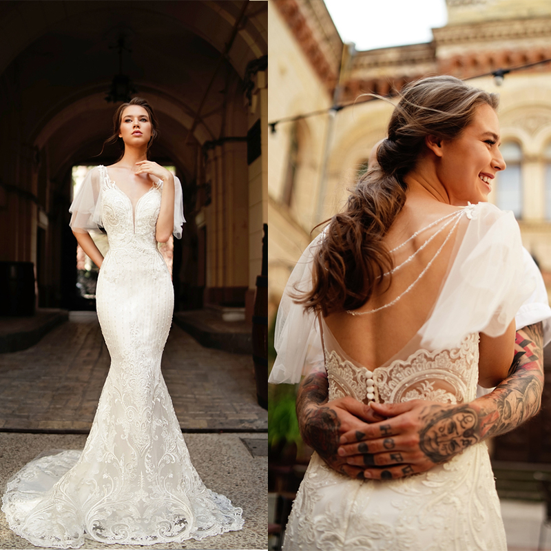 

Newest Tanya Grig Mermaid Wedding Dresses V Neck Short Sleeve Tulle Lace Applique Hollow Wedding Gown Sweep Train Custom robe de mariée, Multicolor